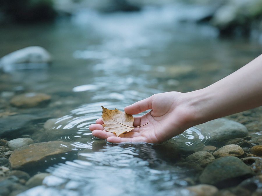 A hand held open in a clear stream, a single leaf resting on the palm